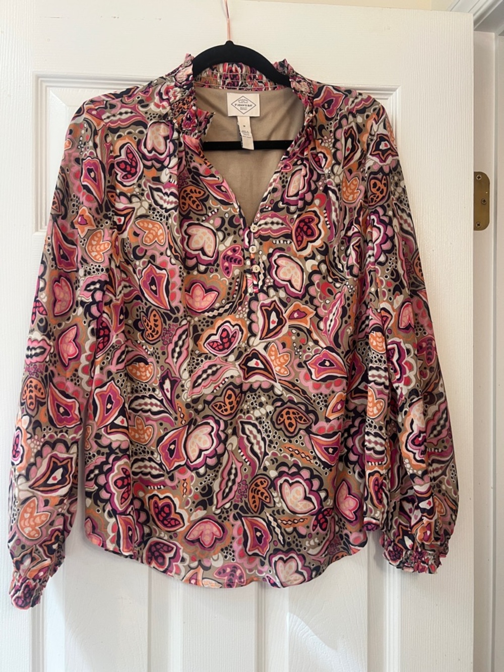 St. John's Bay Pink and Tan Paisley V-Neck Blouse